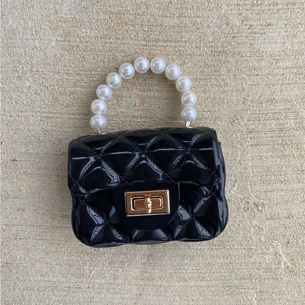 Black Vinyl Pearl Handle Mini Jelly  Handbag Purse